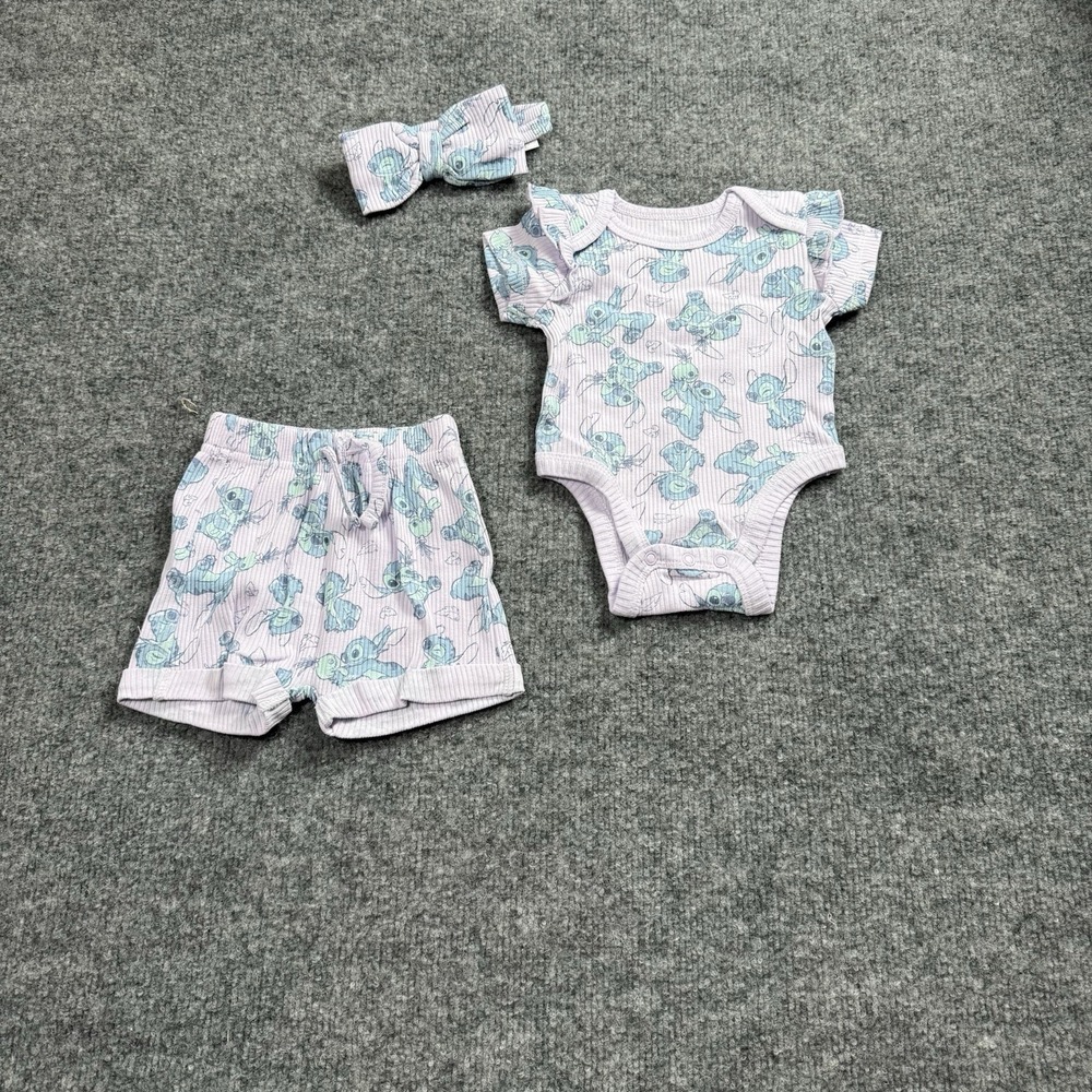 Infant Baby Girl Disney Stitch 3-Piece Set Bodysuit Shorts Matching Headband Bow